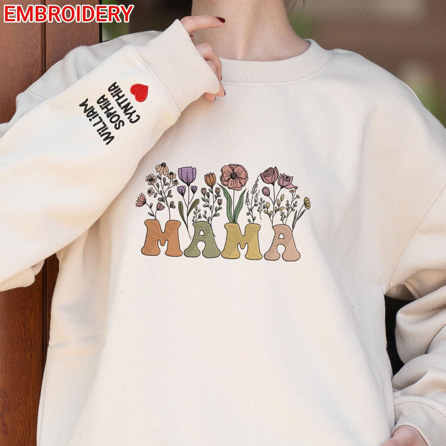 Custom Embroidered Mama Floral Hoodie with Kids Name, Personalized Mother's Day Gift, Customizable Sweatshirt