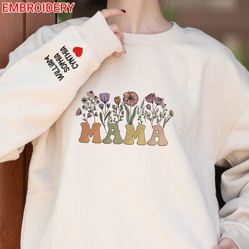 Custom Embroidered Mama Floral Hoodie with Kids Name, Personalized Mother's Day Gift, Customizable Sweatshirt