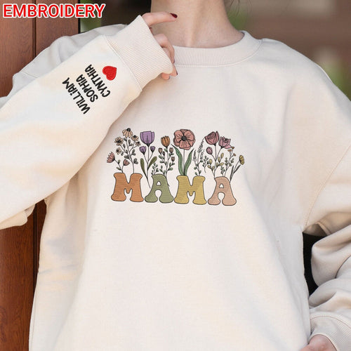 Custom Embroidered Mama Floral Hoodie with Kids Name, Personalized Mother's Day Gift, Customizable Sweatshirt
