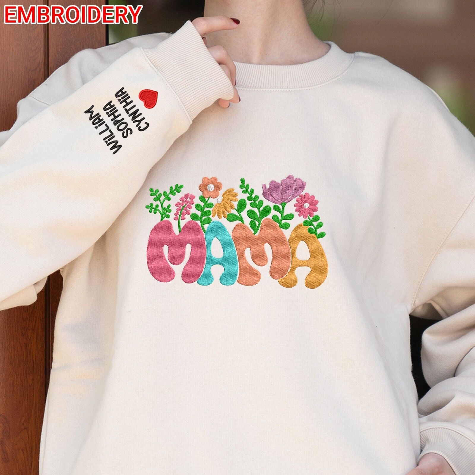 Custom Embroidered Floral Mama Hoodie with Kids Name, Personalized Mother's Day Gift, Customizable Sweatshirt